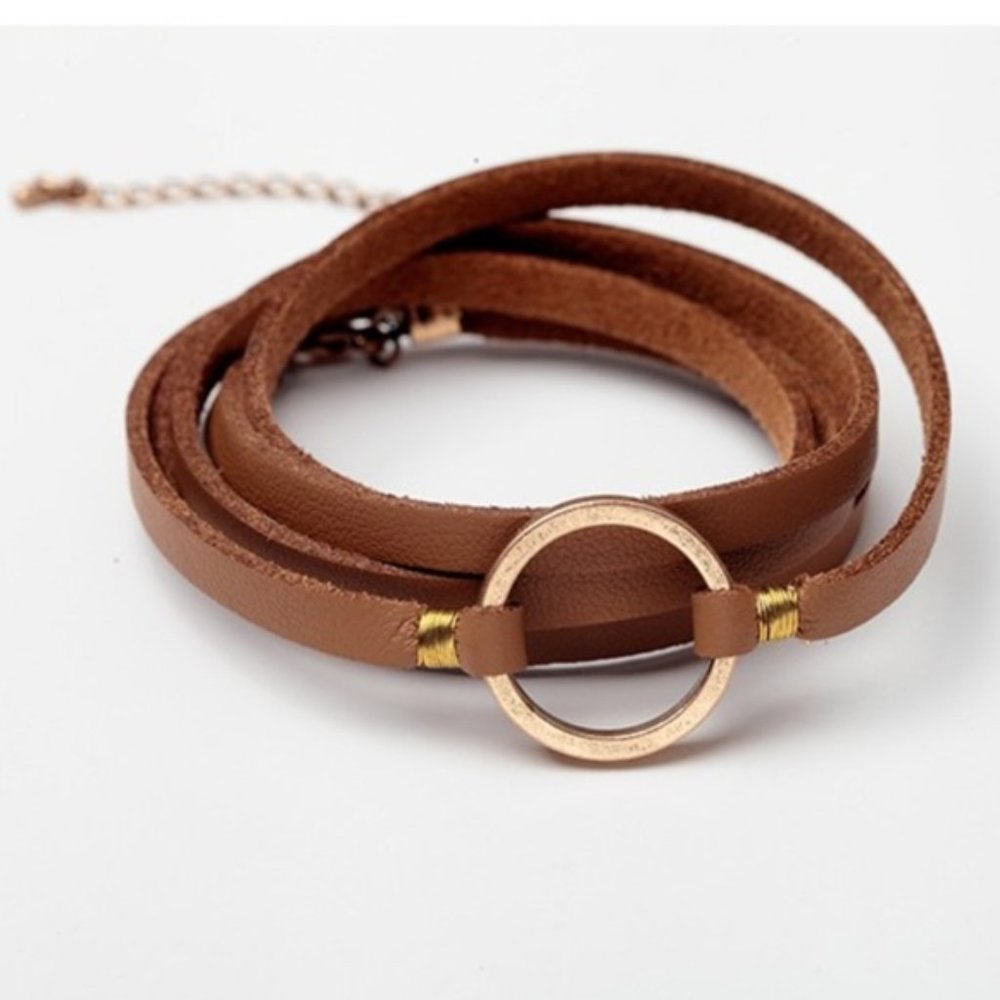 O Ring Leather Wrap Bracelet Brown - Picture 2 of 4
